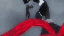 a man holding a spear stands in front of a red swirl