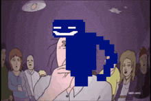 a group of people are sitting around a table and a cartoon character with a smile on his face is in the foreground