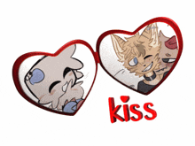 a picture of two hearts with the word kiss on it