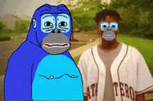 a blue gorilla and a man wearing a jersey that says tero