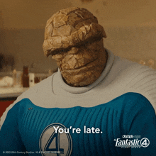a poster for the fantastic 4 first steps shows the thing in a blue sweater