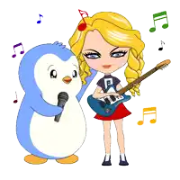 a cartoon drawing of a girl singing and a penguin playing a guitar
