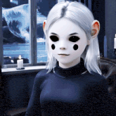 a girl with white hair and black eyes is wearing a black shirt