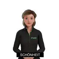 a cartoon woman wearing a black shirt that says simax on it
