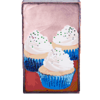 a painting of three cupcakes with white frosting and green sprinkles on a red background