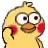 a cartoon chicken with big eyes and red cheeks is looking at the camera .