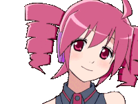 a cartoon girl with pink hair and headphones is smiling