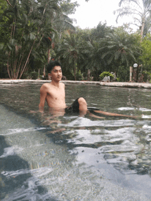 a shirtless man sits in a swimming pool surrounded by trees