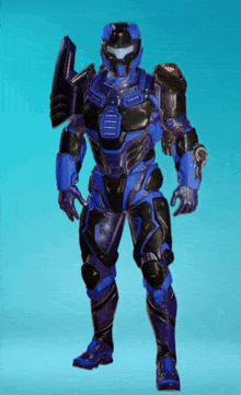 a blue and black futuristic armored figure with a shield