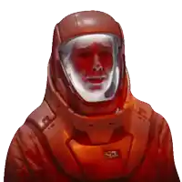 a man in a red space suit has a sticker on his chest that says ' v3 '