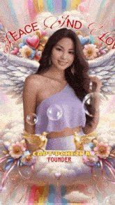 a woman in a purple top is surrounded by hearts and flowers with the words peace and love above her