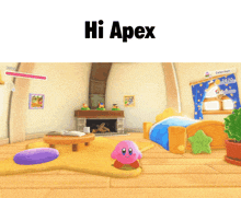 a room with a fireplace and the words hi apex