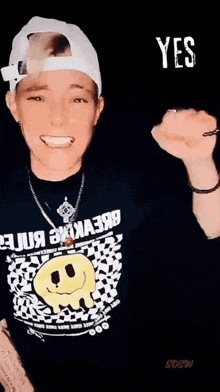 a person wearing a black shirt with a smiley face on it