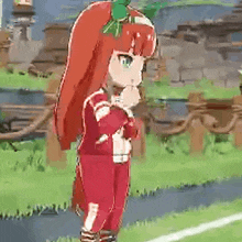 a cartoon girl with red hair and green eyes is standing on a grassy field .