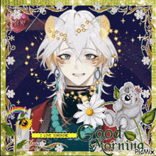 a picture of a boy with a flower and the words " good morning " on the bottom