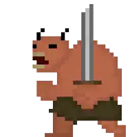 a pixel art drawing of a bear with a sword on its back .