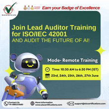 an advertisement for lead auditor training for iso/iec 42001 and audit the future of ai
