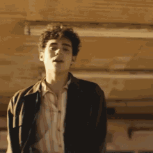 a young man with curly hair is wearing a jacket and a striped shirt and looking at the camera .