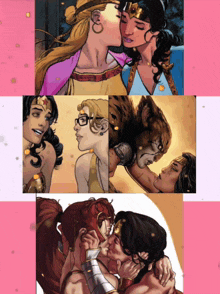 a collage of images of two women kissing on a pink and white background