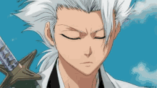 a man with white hair is holding a sword with his eyes closed ..
