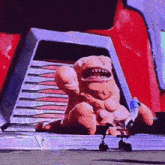 a cartoon character is sitting in front of a red pyramid