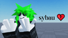 a cartoon character with green hair is standing in front of a sign that says sybau