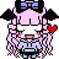 a pixel art drawing of a girl with a bow on her head and a heart in her hand .