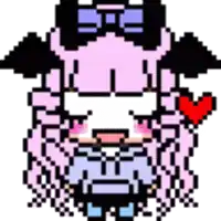 a pixel art drawing of a girl with a bow on her head and a heart in her hand .