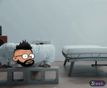a cartoon of a man doing push ups next to a bed and a 3look icon