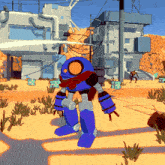 a blue robot with a scarf around its neck is standing in the desert