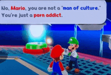 mario and luigi are standing next to each other in a video game and they are talking to each other .