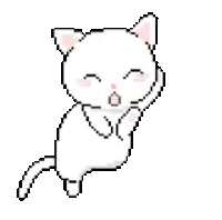a pixel art drawing of a white cat laying on its back on a white background .