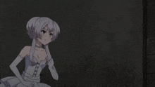 a girl in a white dress and white gloves holds out her hand