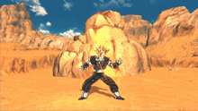 a cartoon character is standing in front of a mountain in the desert