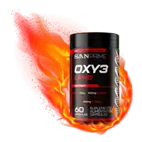 a bottle of san prime oxy3 lphd is surrounded by flames