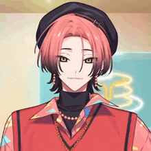 a boy with red hair and a black hat is wearing a red vest and a necklace .
