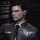 a man wearing a suit and tie with the number rk800 on his chest