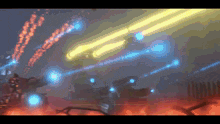 a computer generated image of a battle scene with a lot of lights and fire