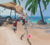 a clown is standing on a beach with an umbrella