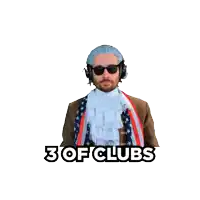 a man holding a playing card with the words 3 of clubs on the bottom