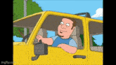 a cartoon of a man driving a yellow vehicle