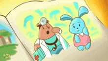 a cartoon drawing of a doctor and a rabbit with a red cross