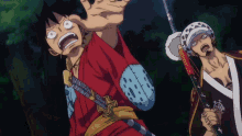 two anime characters are standing next to each other and one has a sword