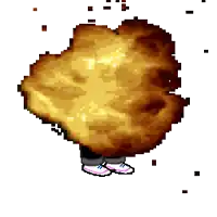 a pixel art of a person standing in front of a large piece of bread