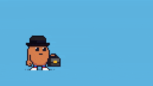 a pixel art character holding a briefcase and a speech bubble that says i love kebab