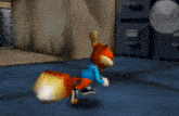 a cartoon character is standing in a room with a clock on the wall behind him