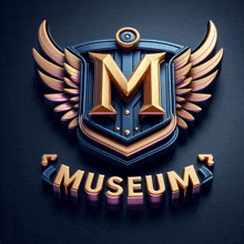 a blue and gold emblem with wings and the words museum