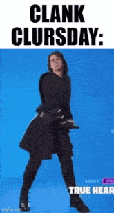 a man in a black coat is dancing in front of a blue background with the words clank clursday : true hear .