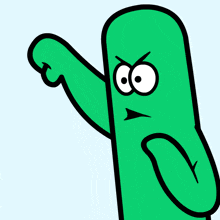 a green cartoon character with big eyes and a fist