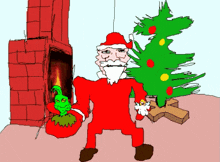 a drawing of santa claus standing next to a christmas tree and a fireplace